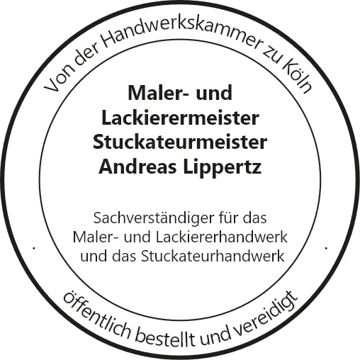 Stempel der Handwerkskammer zu Köln: Andreas Lippertz, öffentlich bestellter und vereidigter Sachverständiger für Maler- und Lackiererhandwerk sowie Stuckateurhandwerk