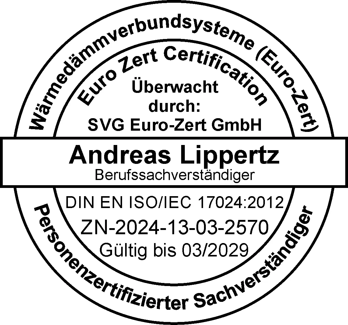 Euro-Zert-Zertifikat Wärmedämmverbundsysteme: Andreas Lippertz, personenzertifizierter Berufssachverständiger nach DIN EN ISO/IEC 17024, gültig bis 03/2029